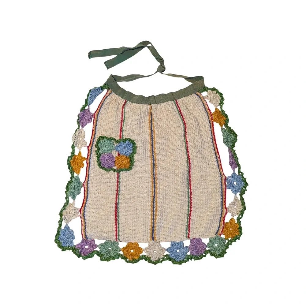 VTG 50s 60s Crochet Flower Half Apron Rainbow Stripe Pocket Cottagecore Kitsch